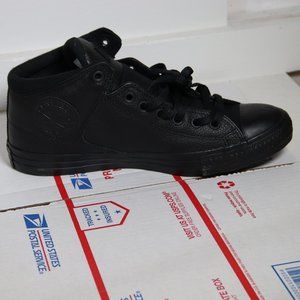 Converse Black on Black Leather Mid High Tops